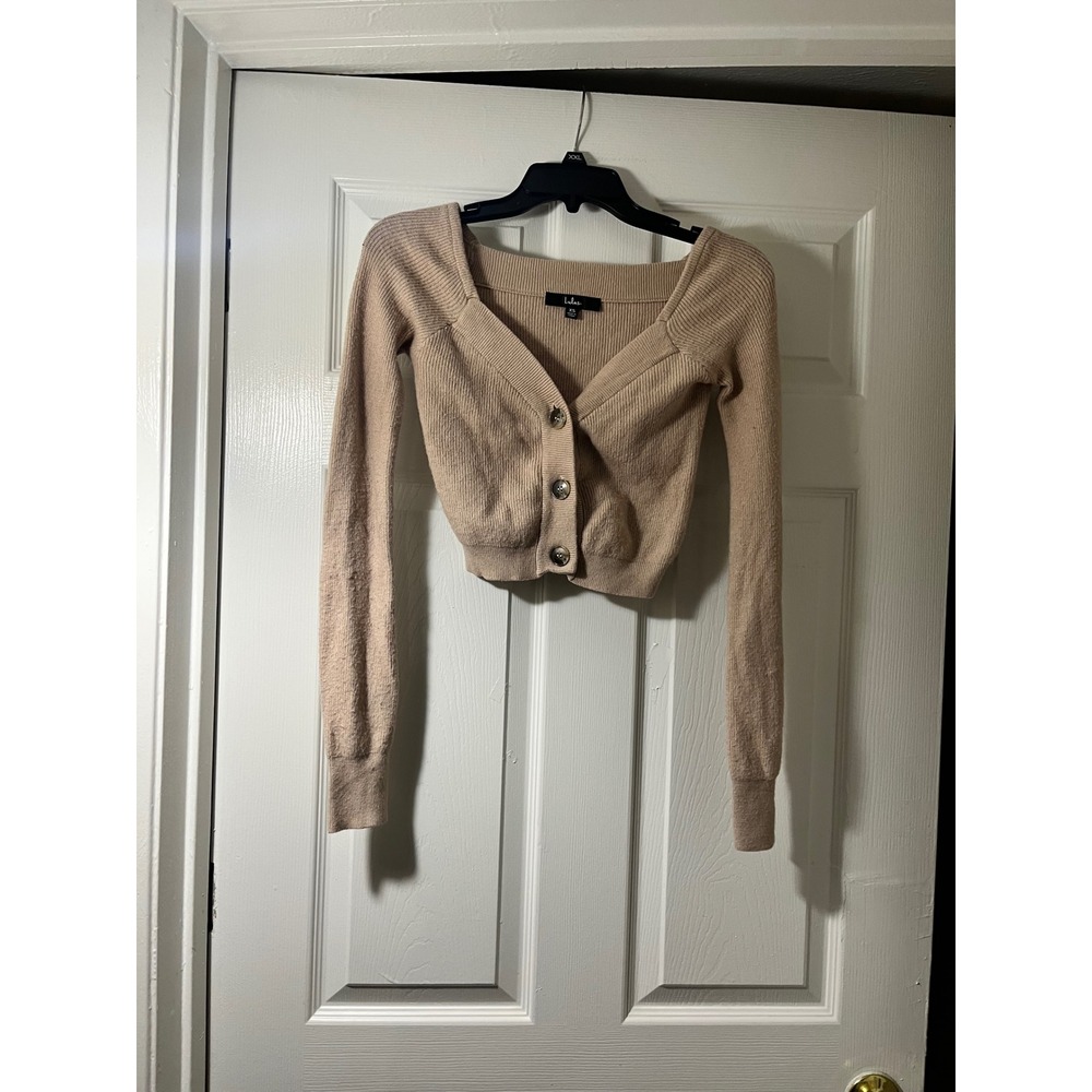 Lulus Tan Beige Ribbed Knit Cropped Cardigan Square Neck Sweater XS